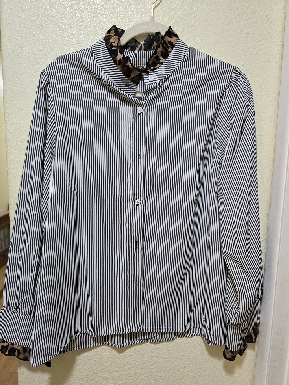SHEIN Black & White Striped Button-Down with Leopard Trim